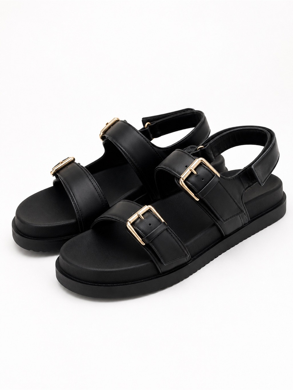 241. Madden Girl Black Platform Sandals with Gold Buckles